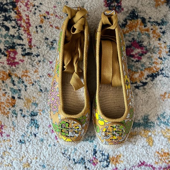 Tory Burch Minnie Rust Wallpaper Floral Leather Ballet Ankle Tie Espadrille Flat - Picture 1 of 6